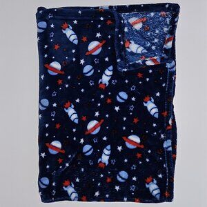 Zak & Zoey Blue Fleece Baby Blanket Rocket Spaceship Star Planet Red White SOFT